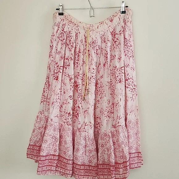 Vintage Prairie Cottagecore Feminine Midi Skirt Flowy Cotton Red White - Picture 3 of 4